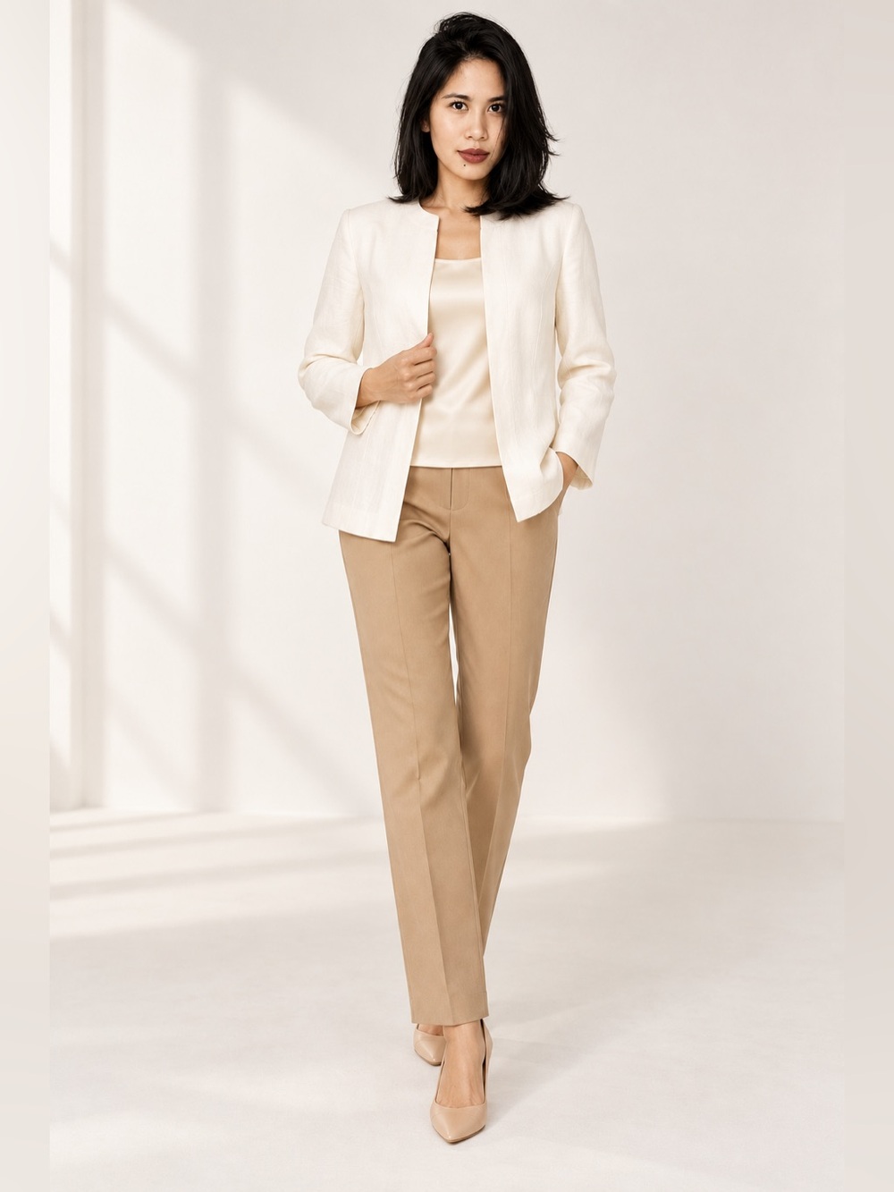 Chico's Blazer Size 2 Cream Linen Blend Open Front